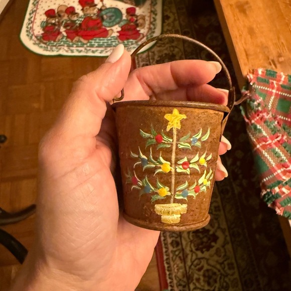 The Unbranded Brand Other - Mini hand-painted-bucket w/ a Christmas tree motif-signed-folk art